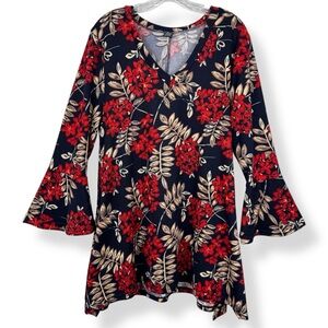 Win Win Tunic Top Juniors L-XL Navy Beige Red Floral Long Bell Sleeve V-neck